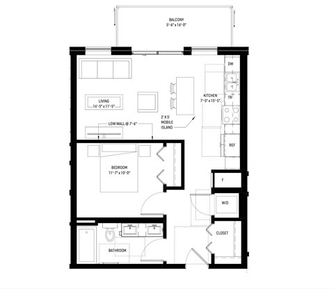 Floor plan for 1 bed, 1 bath, 670 sqft
